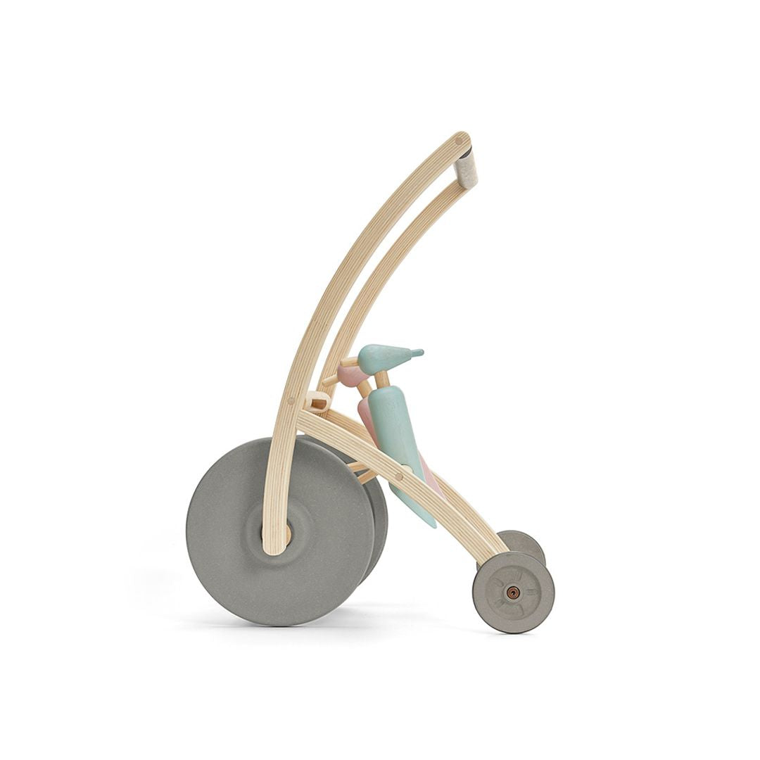 Side view of the PlanToys Woodpecker Walker showing the wheels and woodpecker