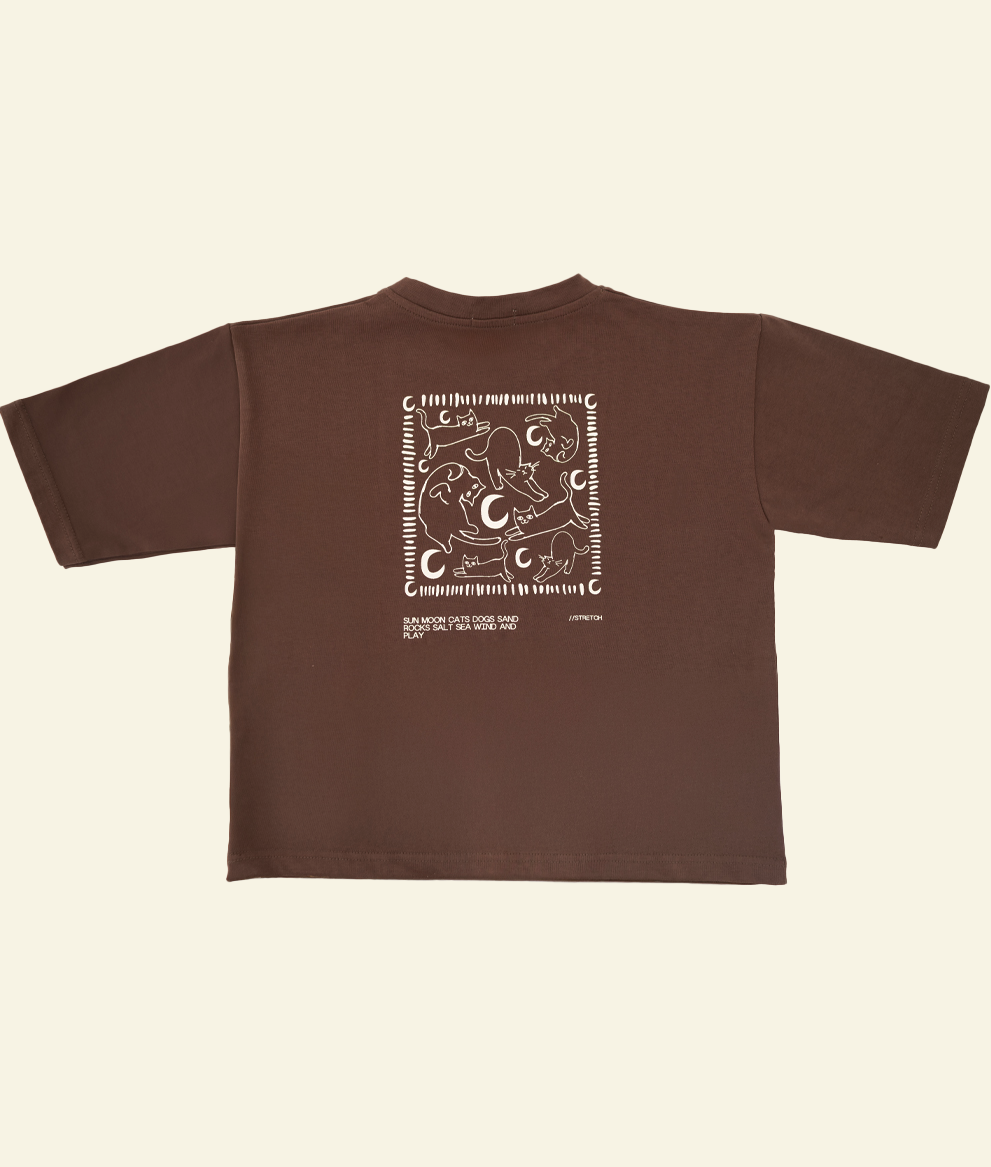Back of the Oupah Moon Meow Tee with cream sun, moon and cats illustration