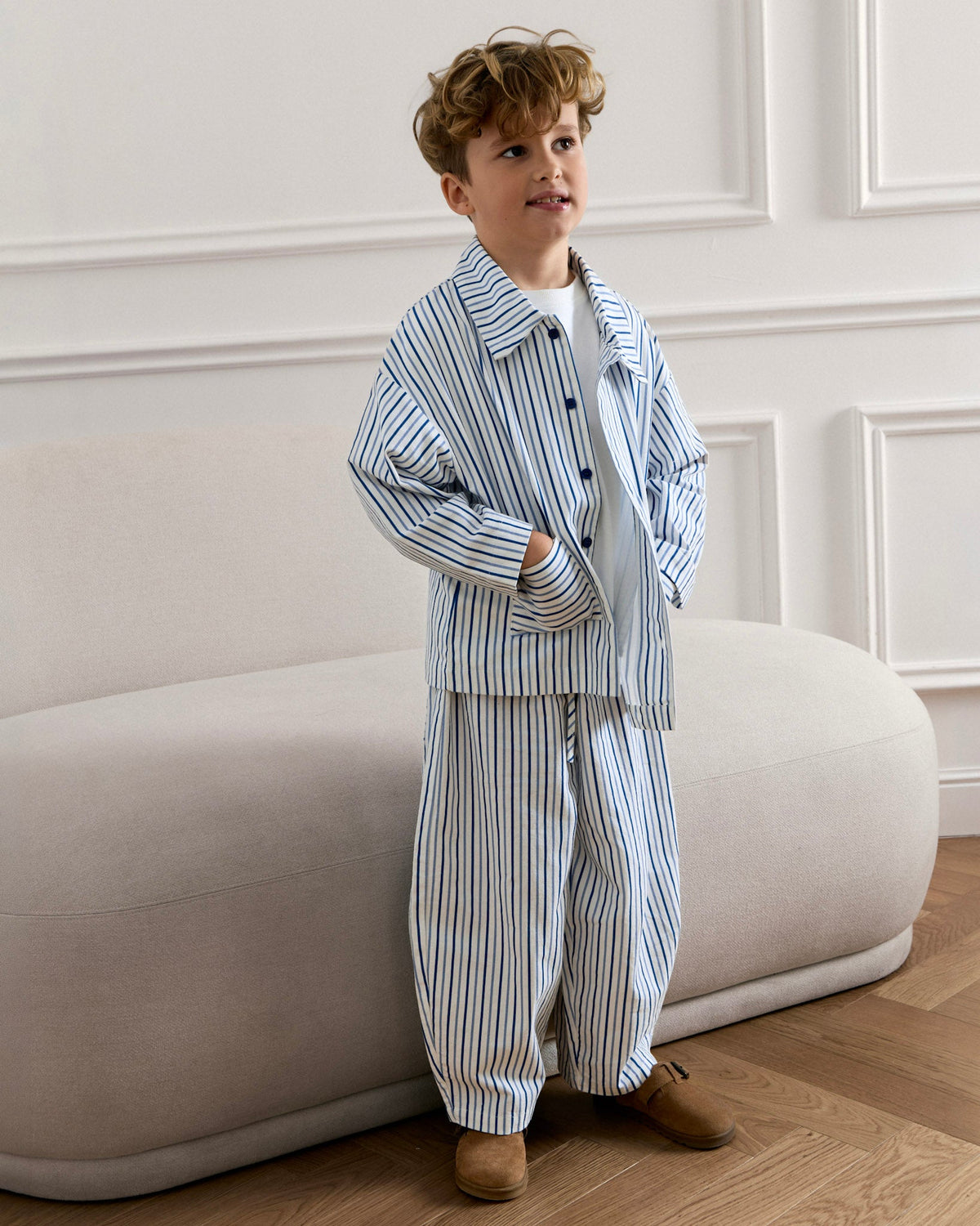 Boy wearing the Avaacha Kai Set in Sea Stripes Print