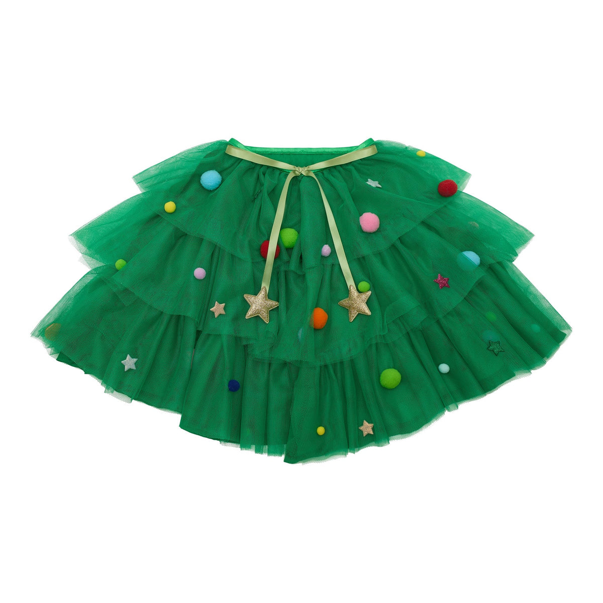 Mimi & Lulu Christmas tree cape in green tulle with pompom baubles