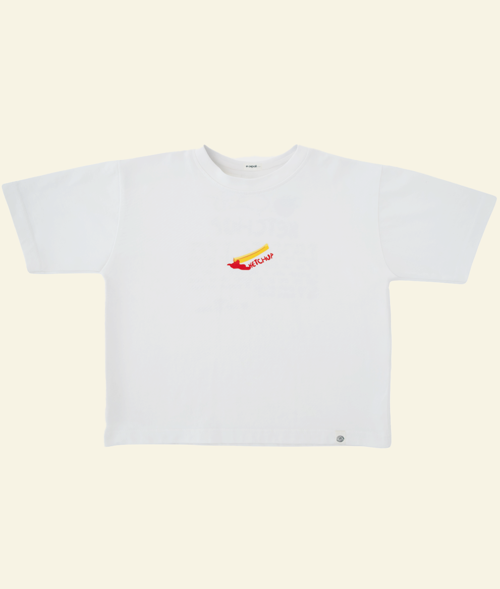 Front of the white Oupah Ketchup Tee with small tomato graphic
