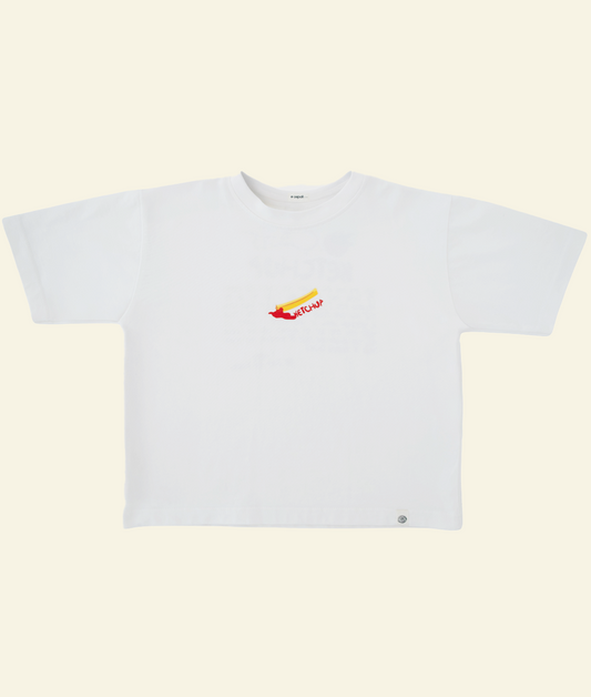 Front of the white Oupah Ketchup Tee with small tomato graphic