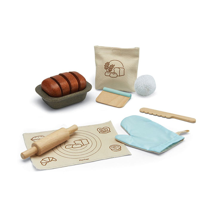PlanToys wooden bread loaf set with oven mitt and accessories