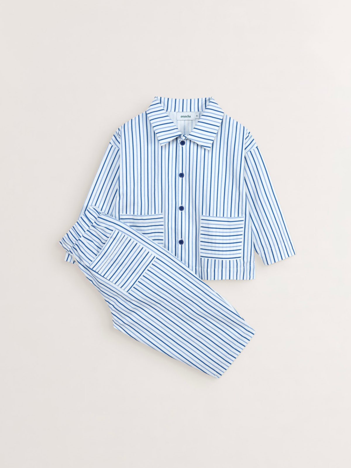 Avaacha Kai Set in Sea Stripes Print: blue and white striped shacket and balloon pants