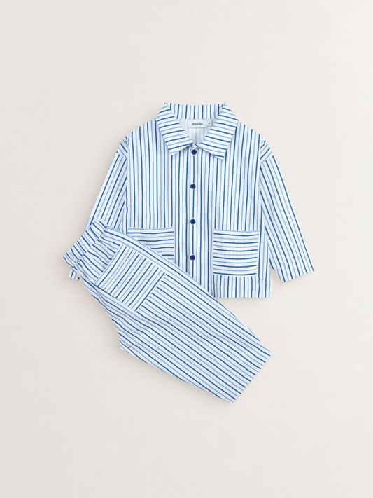 Avaacha Kai Set in Sea Stripes Print: blue and white striped shacket and balloon pants