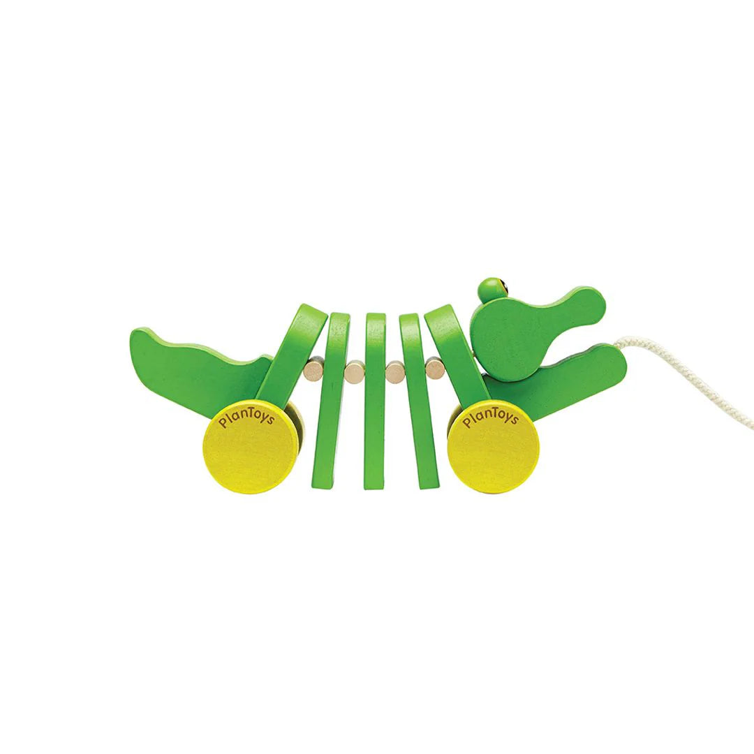 Green PlanToys Dancing Alligator pull toy, side view