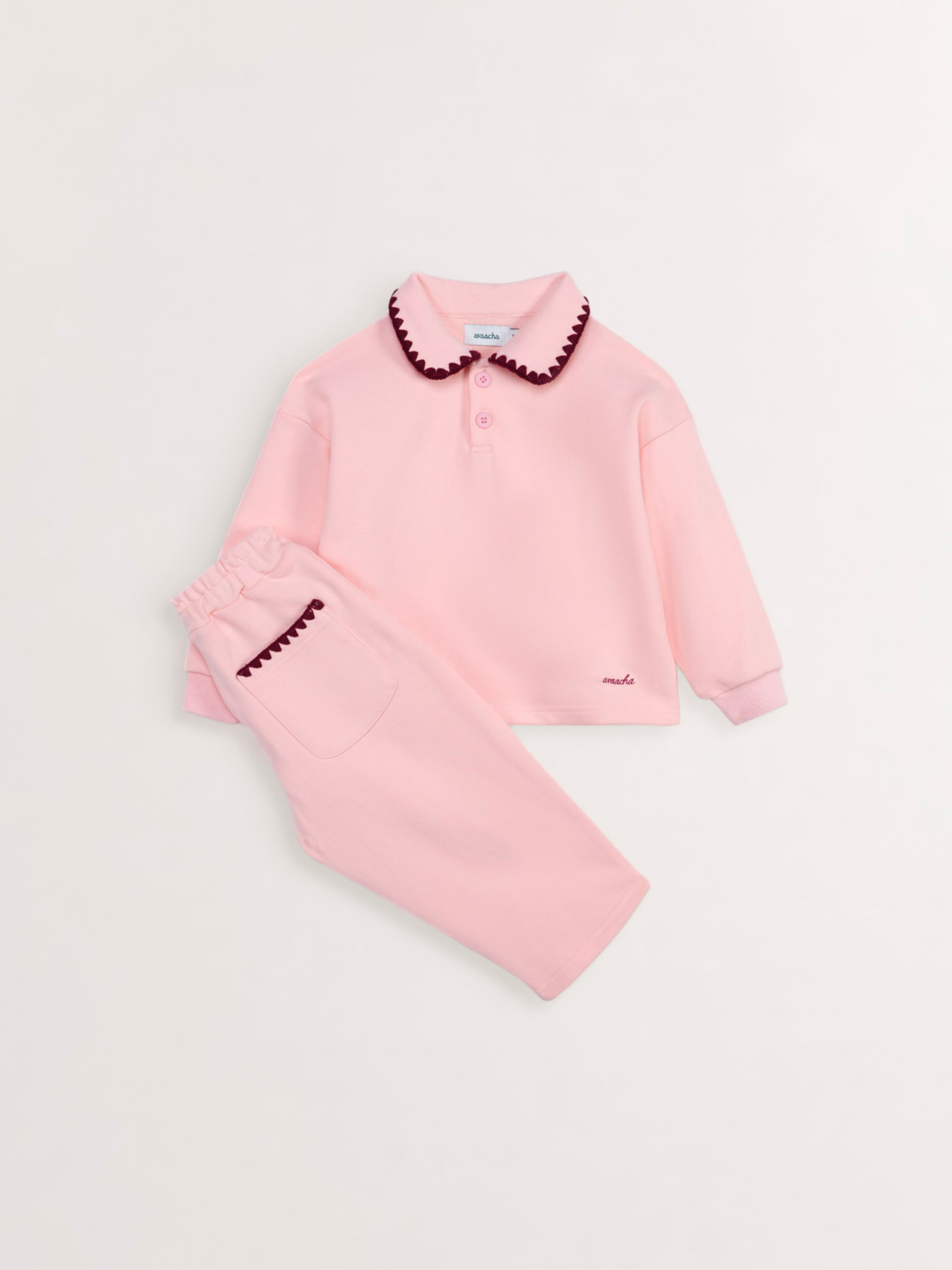 Avaacha Mimi Tracksuit in Bubblegum: pink top with raspberry crochet collar and matching pants