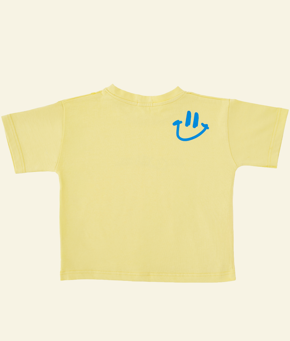 Back of the yellow Oupah Please Tee with blue graphic