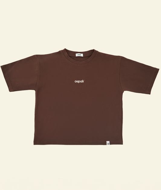 Front of the chocolate brown Oupah Moon Meow Tee
