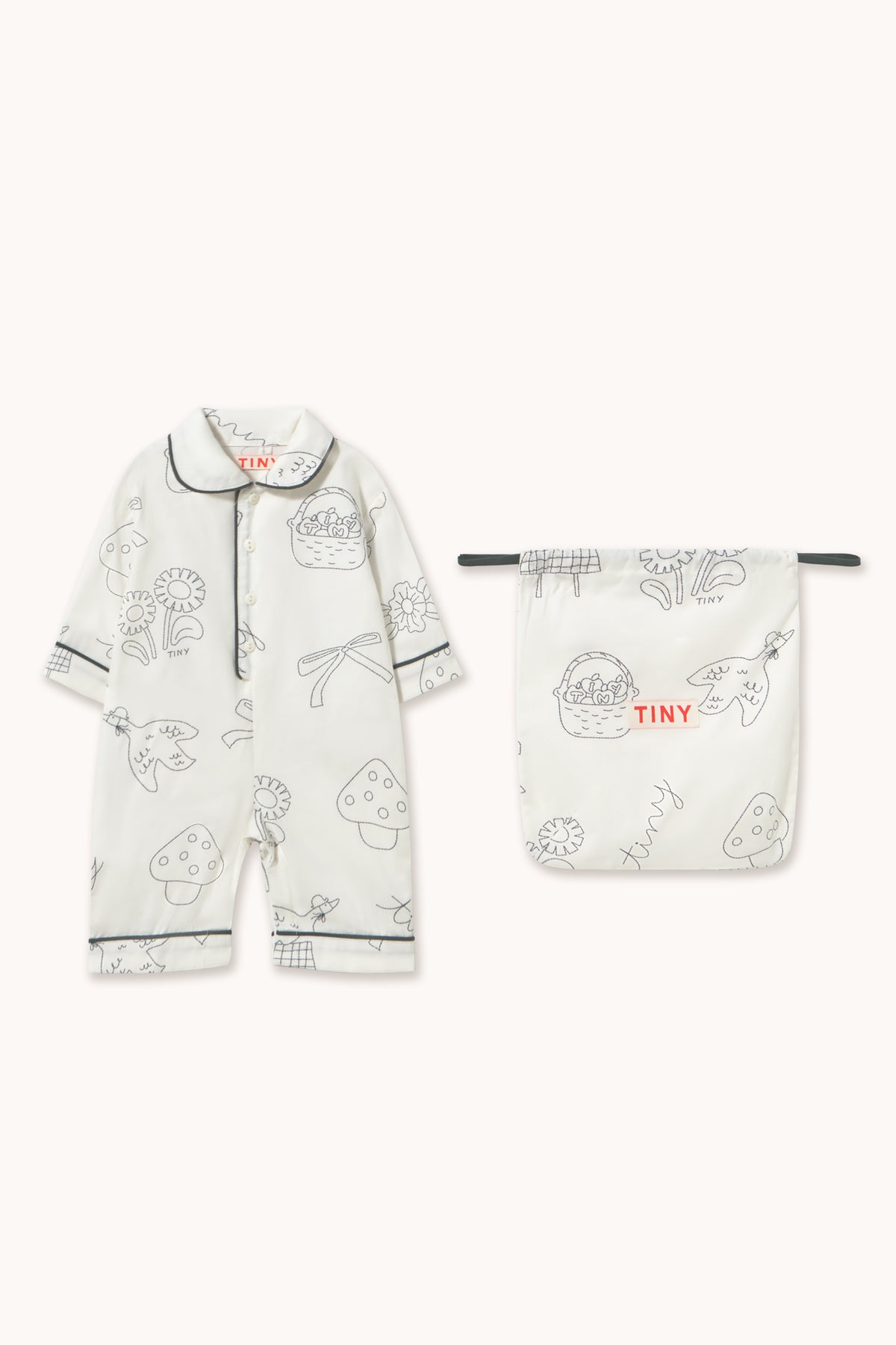 Tinycottons Tiny Apples baby one-piece pyjama in white with line drawings and pouch