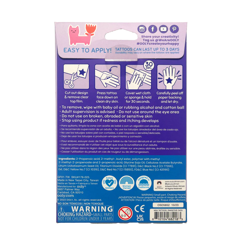 Tattoo Palooza X Suzy: Mini Temporary Tattoos - Pawsitive Cats (3 Sheet Set)